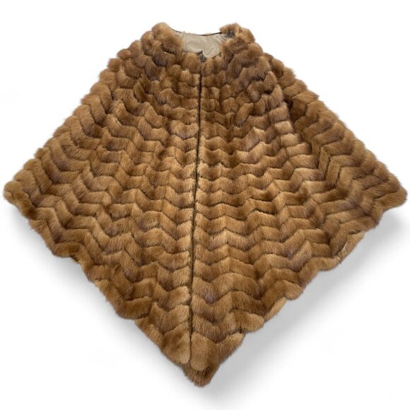 Vintage Mink Fur Zip Front Cape Wrap Shrug Poncho Coat Women's Brown Chevron - Picture 1 of 10